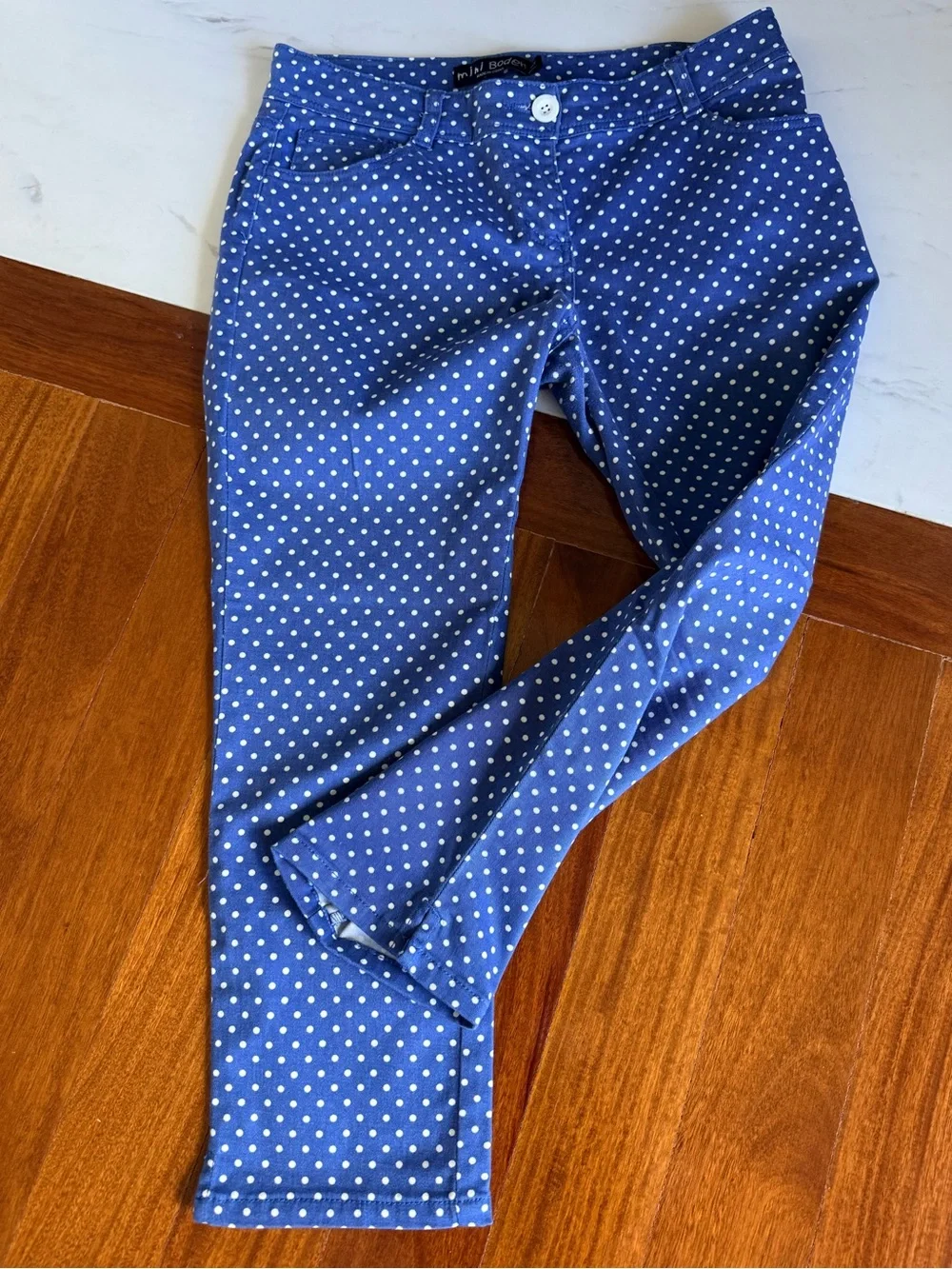 Mini Boden Big Girls Capri Pants Adjustable Waist Blue Polka Dot Jeans Size 14Y